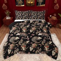 jejeloiu Cute Opossum Bedding Comforter Set,Kawaii Rustic Floral Twin Comforter Sets,Gray Black Bedding Set For Girls Boys,Luxury Bedroom Decor Reversible,2-Piece