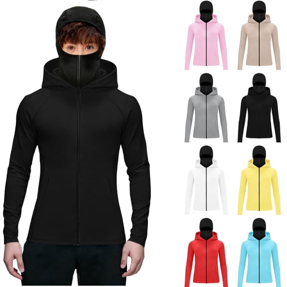 HAOTAGS Boys UPF 50 Athletic Jackets,Lightweight Adjustable Dual Hood Straps Long Sleeve Sun Protection Jacket Black 11-12T
