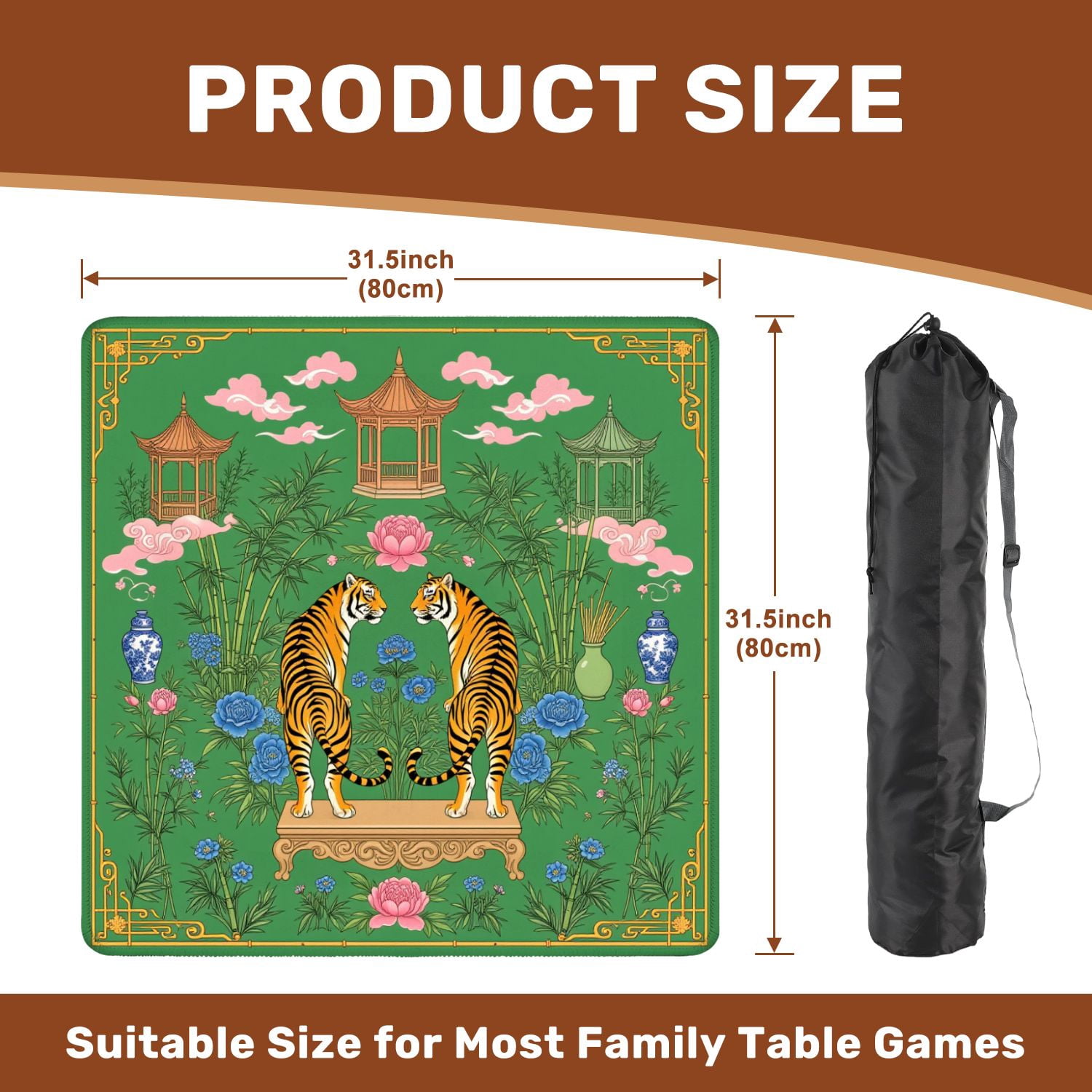 Mahjong Mat 31.5" x 31.5" Traditional Chinese Tigers Bamboo Floral Elements Green Non-Slip Noise Reduction American Mahjong Tiles Table Cover for Dominoes Poker Card Board Games Gift