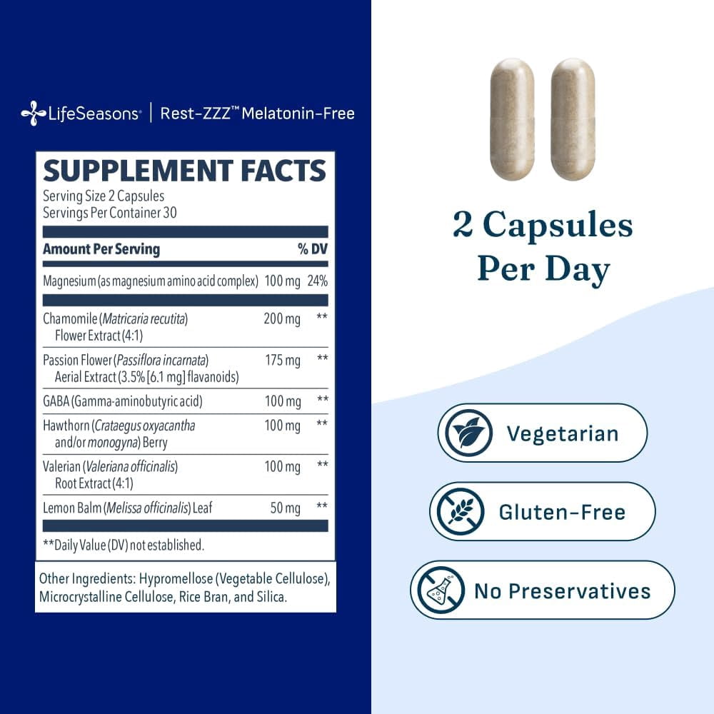 LifeSeasons Rest-ZZZ Melatonin Free - Sleep Support Supplement - Calms Nervous System - Eases Restlessness & Nerve-Related Sleeplessness - Magnesium GABA & Chamomile - 60 Capsules