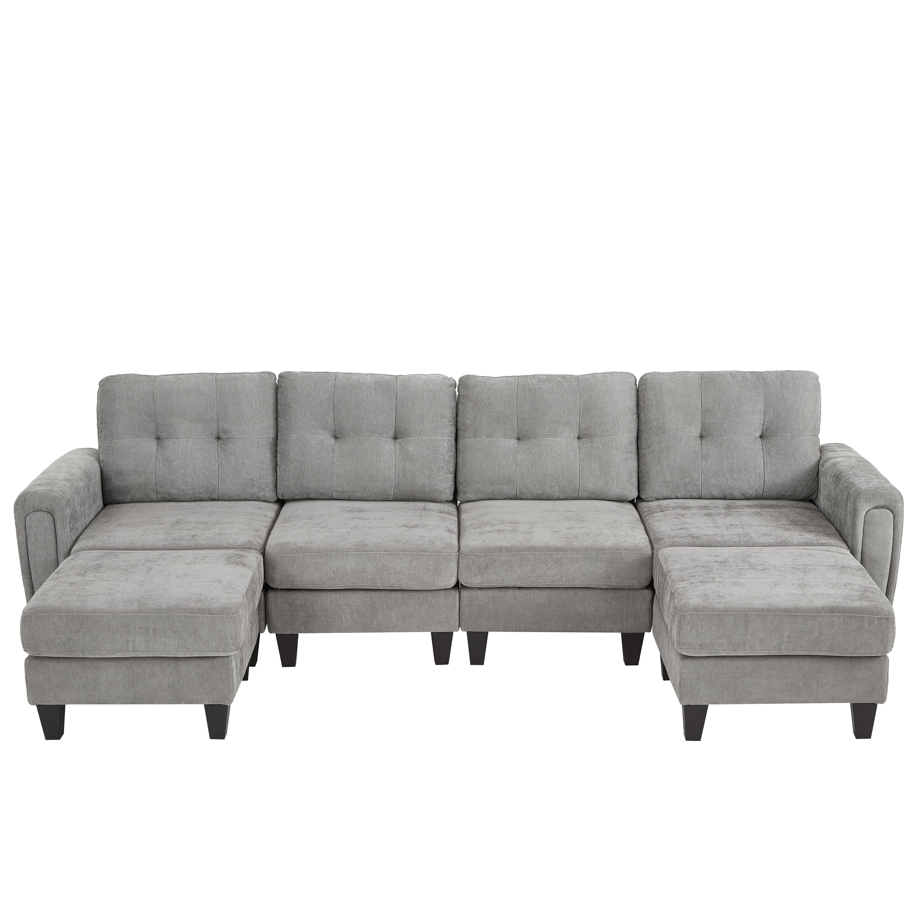 Euroco Modern Sectional Sofa 115" U-shaped Sofa Upholstered Sofa Couch with Two Movable Ottomans, USB Ports and Side Tables for Living Room, Grey
