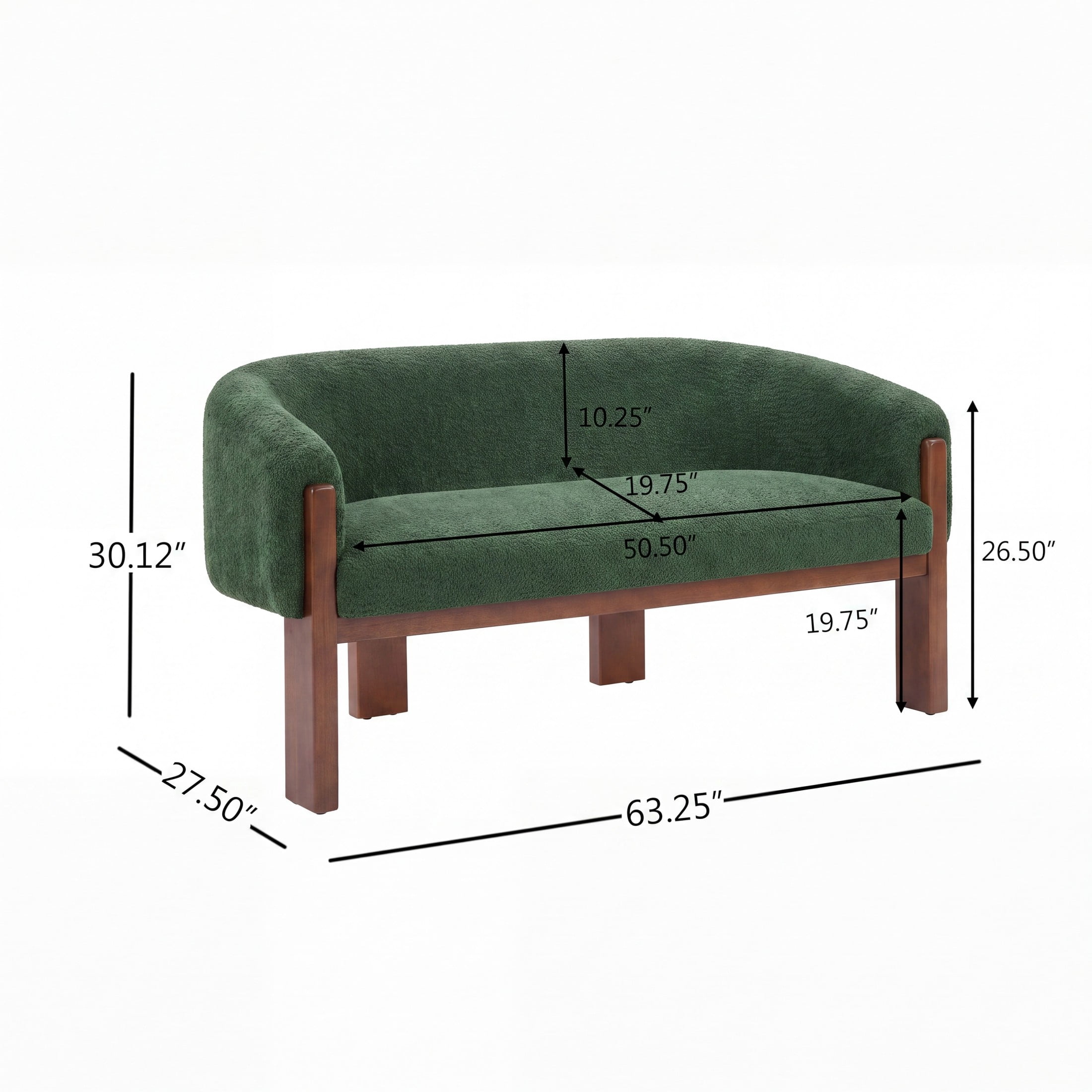Christopher Knight Home 63.25" Modern Curved Boucle Loveseat Sofa with Wood Legs, Walnut+Green