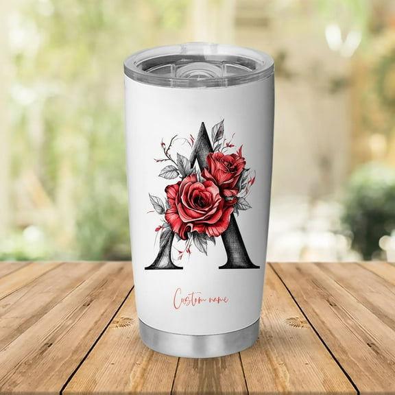 20oz Personalized Tumbler with Lid, Floral Initial 'A' Design, Stainless Insulated Cup, Flower Theme Drinkware, for Women, Sister, Friends, Birthday, Wedding, Mother's Day