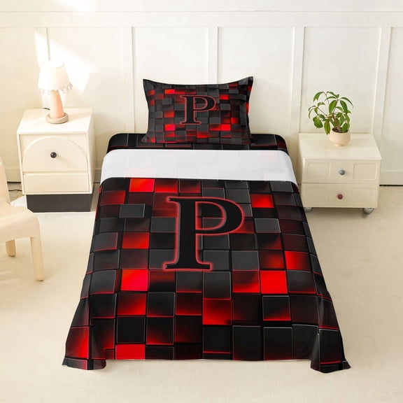 Erosebridal Teens Black Red Geometric Grid Twin Sheet Sets 3pcs,P Personalized Initial Bedding For Boys Girls