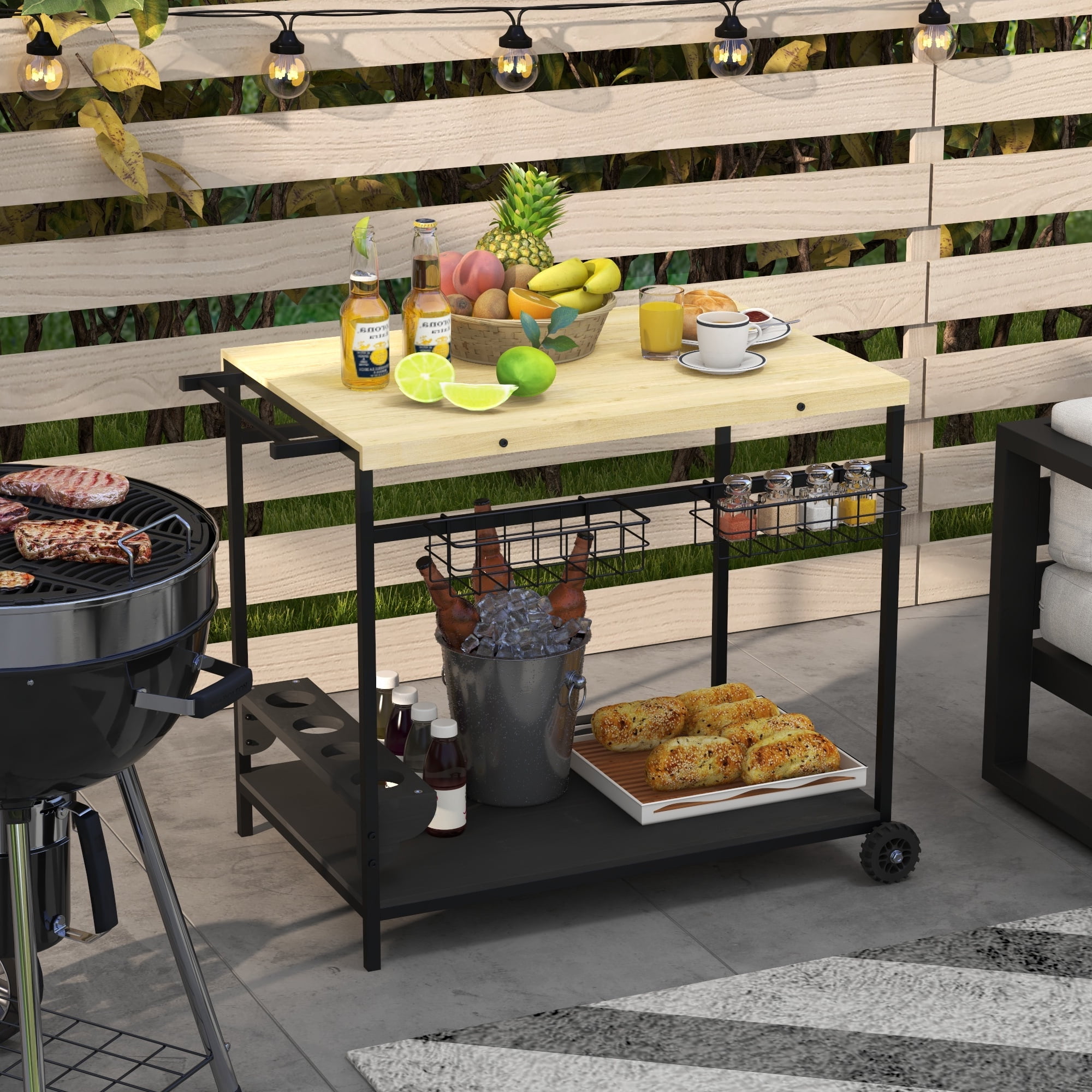 Outdoor Bar Cart, Patio Rolling Serving Cart with Wheels, Side Handle, 2 Storage Baskets and 4 Wine Bottle Holders, Indoor Outdoor Utility Cart for Garden Dining Room