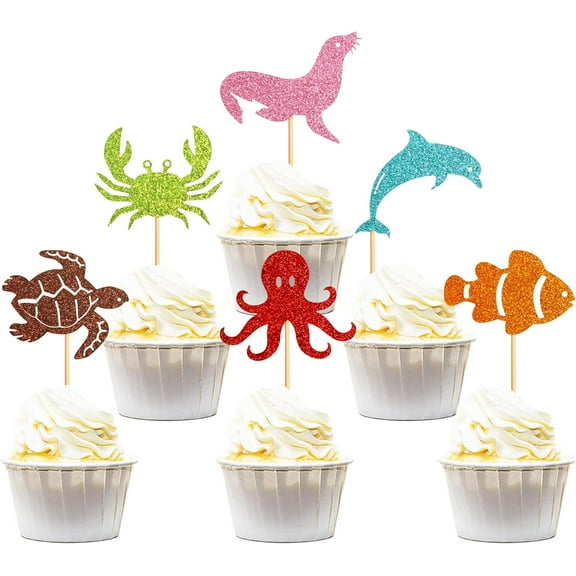 10pcs Ocean Theme Cupcake Toppers Dolphin Octopus Crab Fish Sea Turtle Seal Cupcake Picks Under the Sea Animals Theme Baby Shower Cupcake Toppers