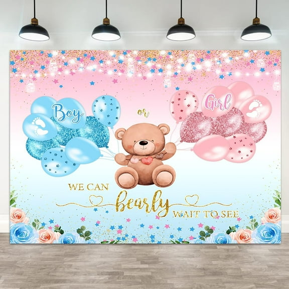 Gender Reveal Backdrop Bear Boy or Girl Photography Background Blue Pink Balloon Floral Green Leaves Gold Glitter Stars Baby Shower Banner Decorations Newborn Party Photo Booth Props