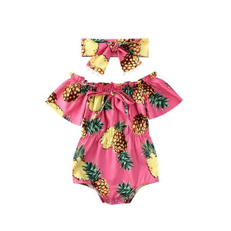 

jaweiw Newborn Baby Girls Sunflower Romper Short Sleeve Off Shoulder Pineapple Print Jumpsuit + Headband 2PCS Set