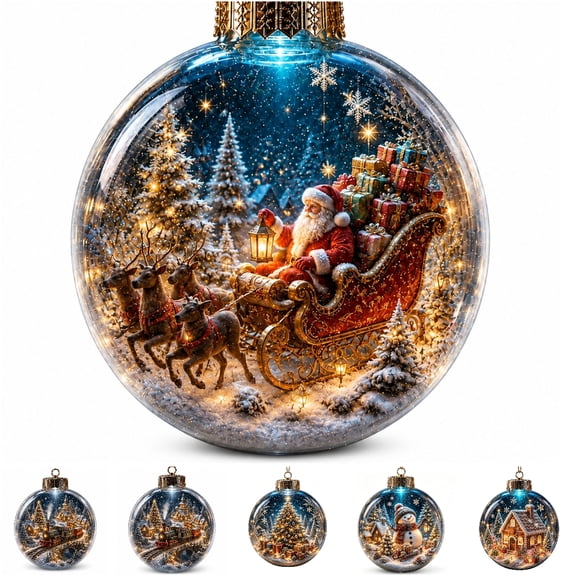 Clearance Clear Christmas Tree Balls 3.15 Inch, Lighted Santa Reindeer Scene Ornament, Glowing Acrylic Tree Bulb for Home, Christmas Gift