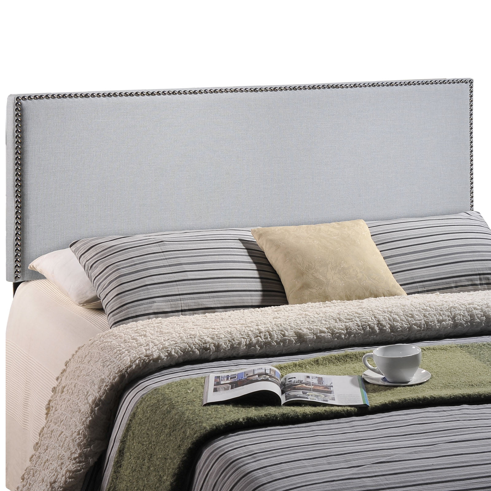 Renewed Modway Region Linen Fabric Upholstered Full Headboard in Gray with Nailhead Trim 