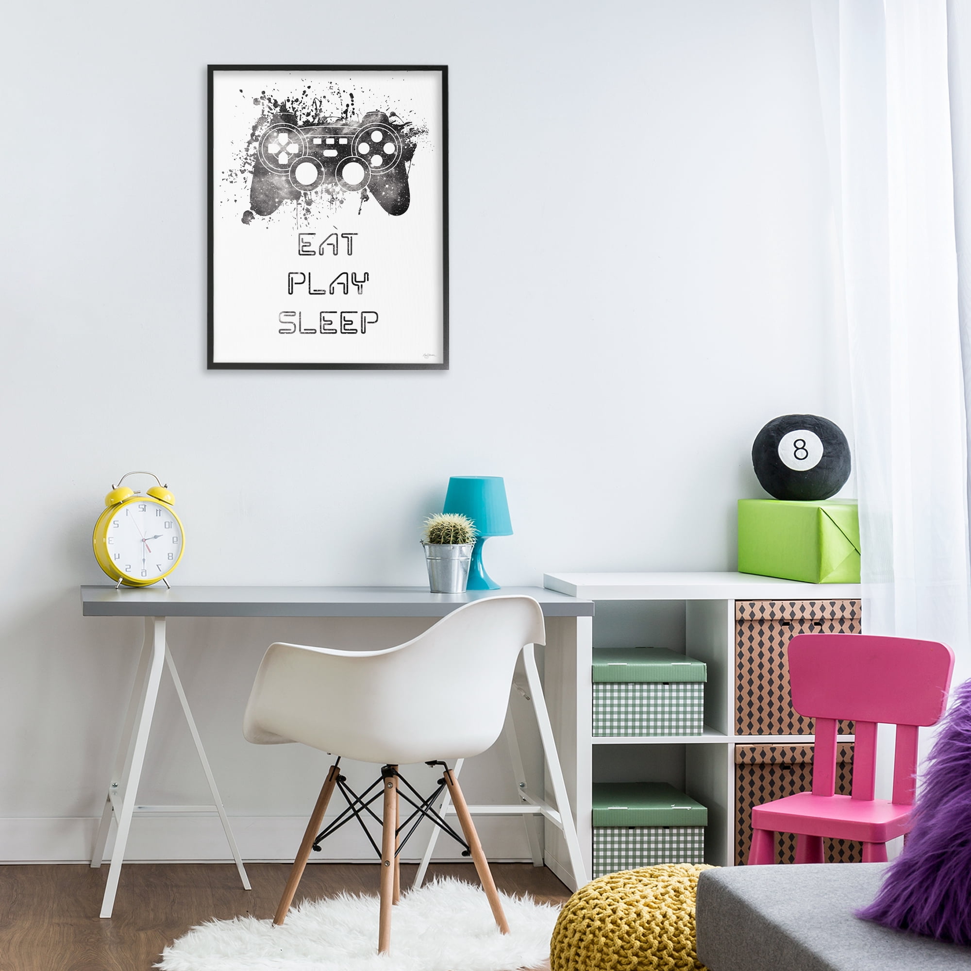 Stupell Industries Eat Play Sleep Gaming Typography Painting Black Framed Art Print Wall Art, 24 x 30