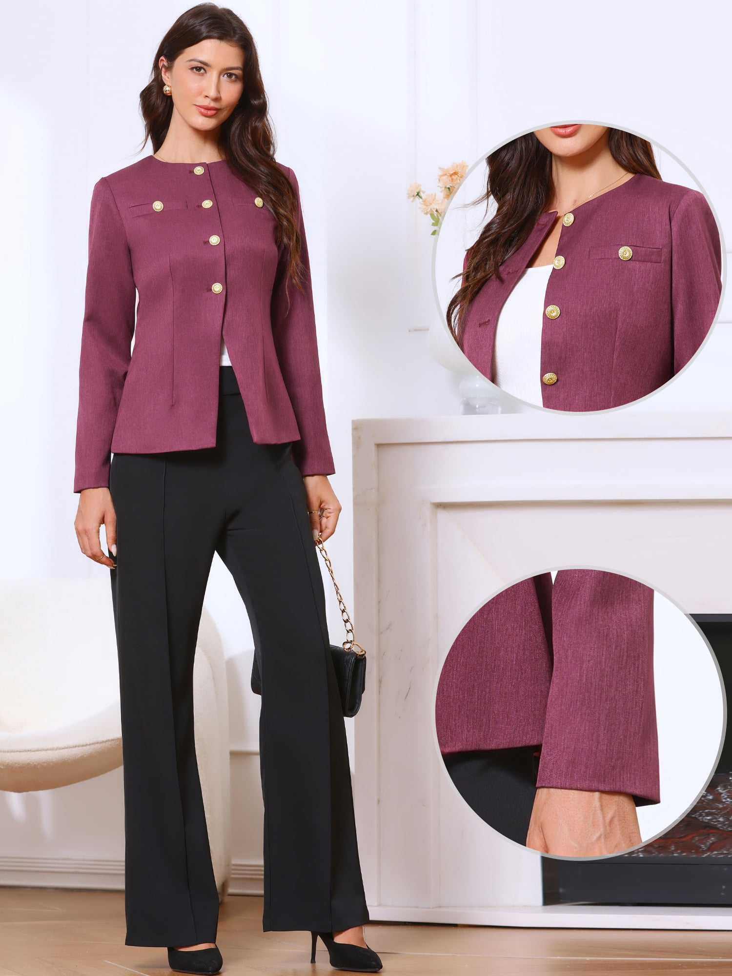 DARING DIVA Women's Collarless Long Sleeve Business Jacket Office Suit S Purple