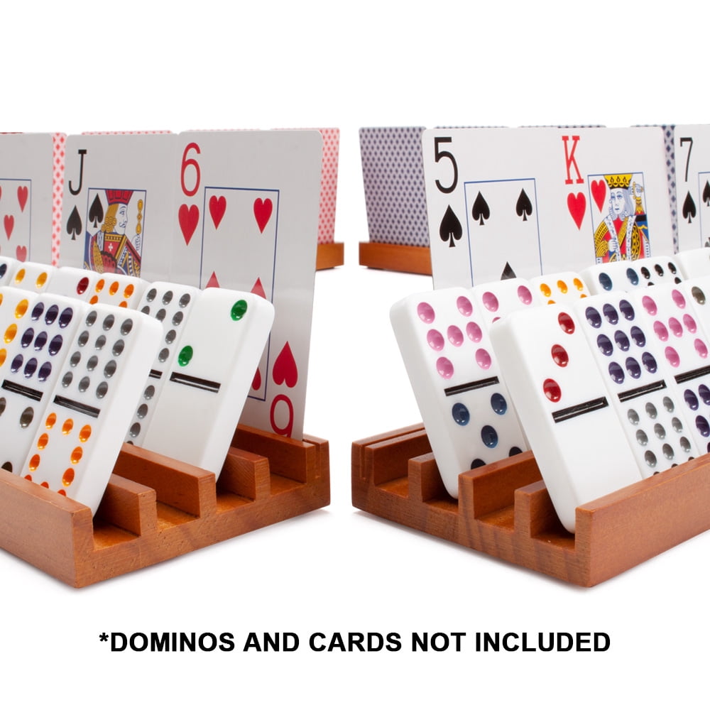 GSE Games & Sports Expert Set of 4 Wooden Domino & Playing Card Racks Trays Holders, Organizer for Mexican Train/Chicken Foot Dominoes Games and Card Games
