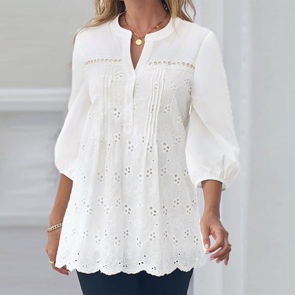 Women's Short Sleeve T-shirt Women'S Lace Crochet V Neck Half Sleeve Embroidery Button Down Blouses Casual Shirts Tops Tee,White Women's Short sleeve T-shirt S