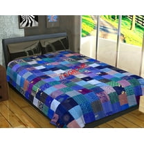 Indian Silk Twin Blue Patola Sari Patchwork Kantha Bedspread Bed Cover BohemianThrows Quilted Reversible Blanket