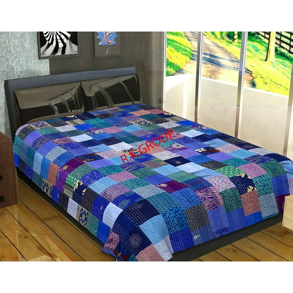 Indian Silk Twin Blue Patola Sari Patchwork Kantha Bedspread Bed Cover BohemianThrows Quilted Reversible Blanket