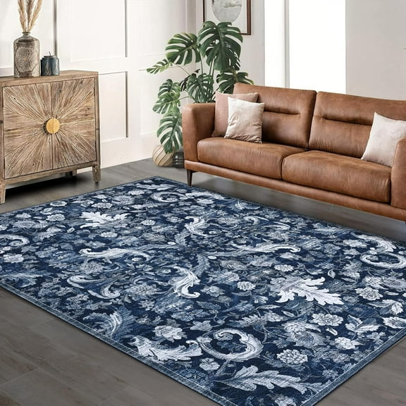 Traditional Area Rug 5'x7' Foldable Indoor Washable Rug Thin Retro Accent Floral Non-Slip Carpet Mat (Dark Blue)