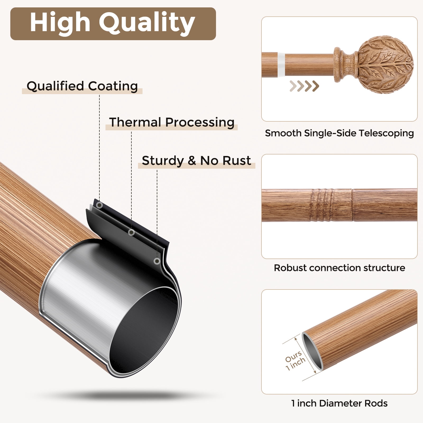 OLV Boho Curtain Rods 36-88" Heavy Duty with Wood Grain Leaf Finial,Burlywood