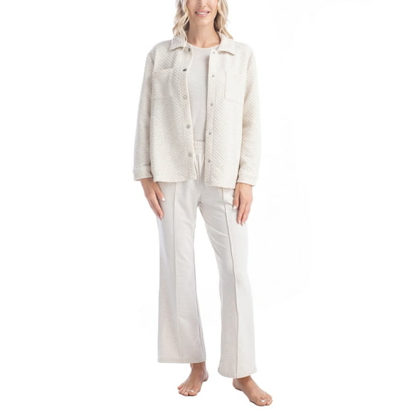 Muk Luks Quilted Shacket 3 Piece Lounge Set, Long Sleeve T-Shirt and Pants with Jacket, Heather Oatmeal, XS