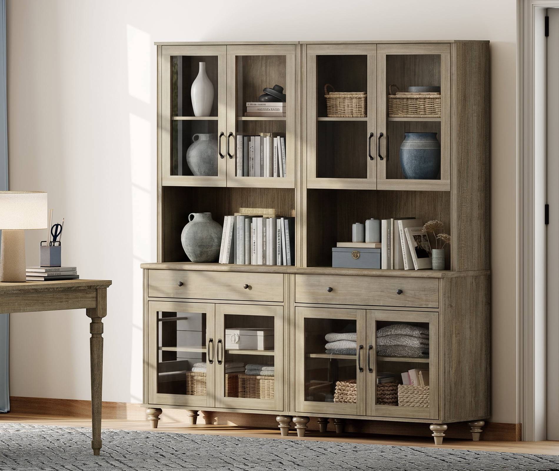 72.1"H × 67.7"W Bookcase with Glass Doors and Drawer, Large Farmhouse Bookcase with Bar Hutch, Suitable for Living Room, Bedroom, Home Office & Kitchen, Wash Gray
