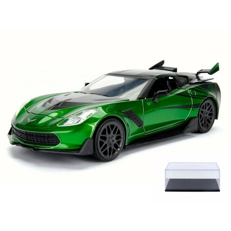 Green Light Corvette Diecast Car & Display Case Package - 2016 TRANSFORMERS 5 Crosshairs Chevy Corvette Stingray, Metallic Green w/Black - Jada 98525 - 1/24 Scale Diecast Model Toy Car w/Display Case ()