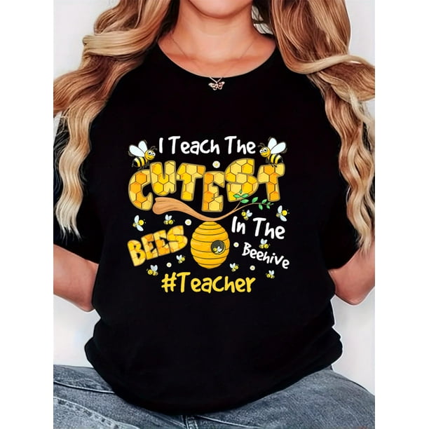 Camisetas de manga casquillo para mujer, de moda de verano 2025, con estampado lindo, casual, sin mangas, de ajuste holgado, de manga cortaWomen's T-Shirt with "I Teach The Cutest Bees in the Hive"