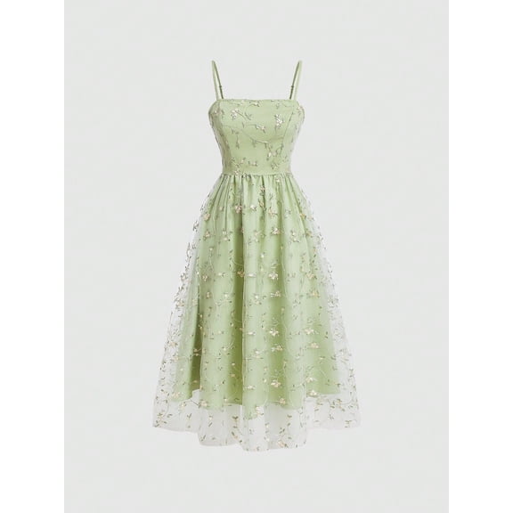 Standard Light Green Floral Embroidered Mesh Spaghetti Strap Midi Dress, A-Line Fit, Tulle Overlay, Elegant Summer Occasion Dress