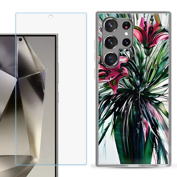 OneToughShield ® Compatible with Samsung Galaxy S24 Ultra, Shockproof Phone Case, with Tempered Glass Screen Protector - Lily