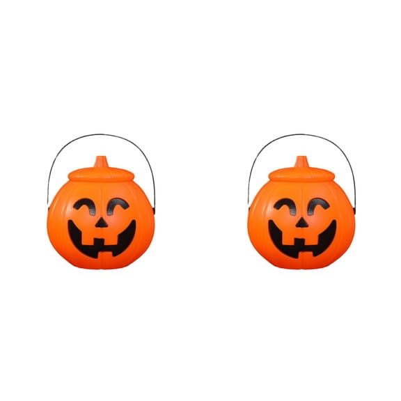 2Pcs Halloween Pumpkin Bucket Decorative Storage Container with Curved Eyes, Portable Candy Pail Holder for Trick or Treating, Fall Home Shelf Display, Party Favor, Holiday Decor 7.9"x6.7" B