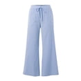 thumbnail image 4 of Tbopshirt Women Striped Linen Blend Wide Leg Pants Elastic Drawstring Lace-Up High Waist Pull On Trousers with Pockets for Summer Beach Casual,Sky Blue,Size:S-XXL, 4 of 8