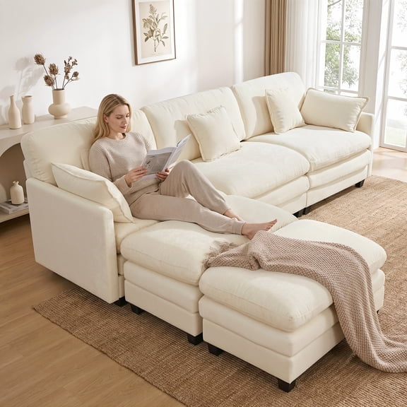 MCombo 111.8'' U-Shaped Modular Sectional Sofa Couch with Chaise Ottomans for Living Room, FSC Certified, Beige
