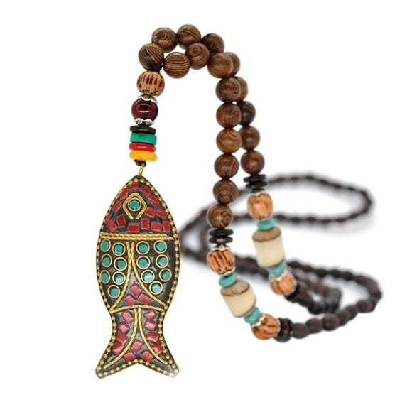 Nepal Buddhist Mala Bead Pendant Necklace Ethnic Horn Fish Long Jewelry