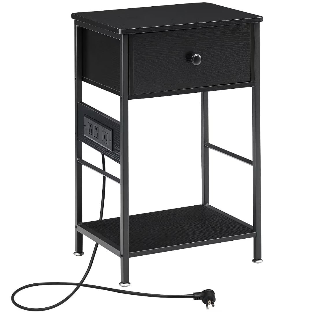 End Table Nightstand with Charging Station,Black