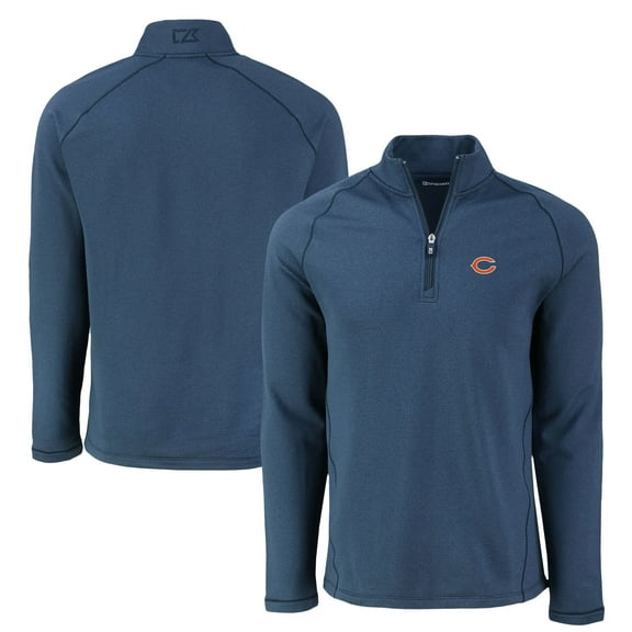 Men's Cutter & Buck Heather Navy Chicago Bears Peshastin Eco Fleece Tri-Blend Raglan Recycled Quarter-Zip Jacket