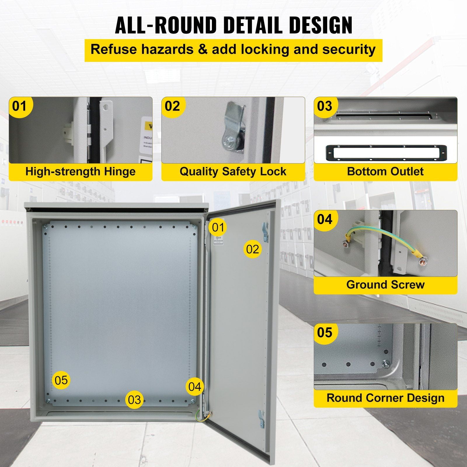HCY Electrical Enclosure, 24x24x8in, Tested to UL Standards NEMA 4 Outdoor Enclosure, IP65 Waterproof & Dustproof Cold-Rolled Carbon Steel Hinged Junction Box for Outdoor Indoor Use, with Rain Hood