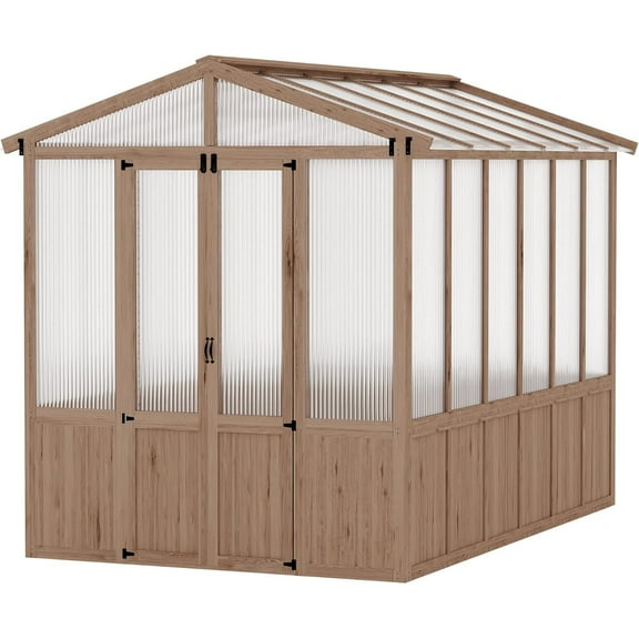 Yiwa 8x10FT Wooden Greenhouse with Cedar Frame & Polycarbonate Panels - Outdoor Walk-in Greenhouse, Adjustable Roof Vent, Lockable Door