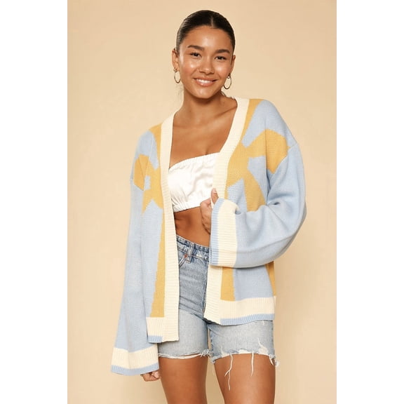 Miss Sparkling Women's Oversized Graphic Knit Cardigan - Casual Boho Open Front Color Block Sweater Loose Fit Long Sleeve Knitwear (S-XL)
