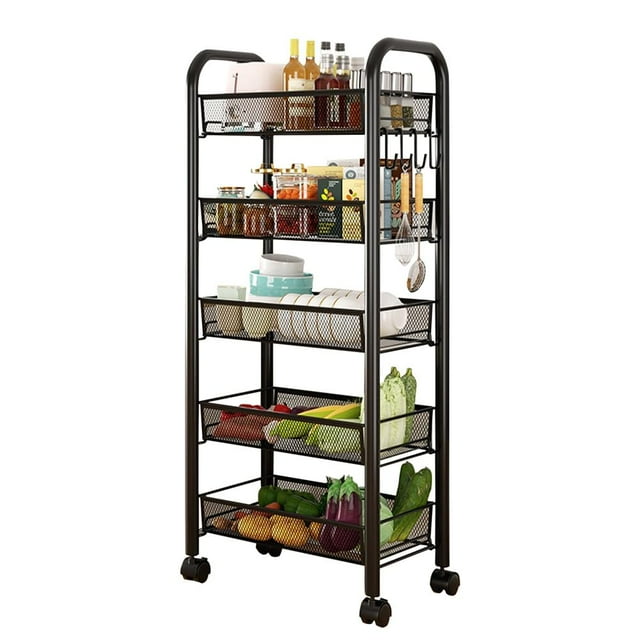 Towallmark 5-Tier Slim Rolling Storage Drawer Cabinet – Metal Organizer with Wheels for Kitchen, Pantry, Office – Multi-Functional Portable Shelf for Snacks, Fruits, Vegetables and Supplies, Black