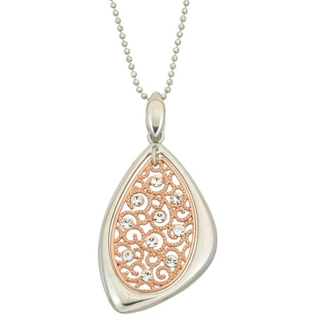 Giuliano Mameli White Crystal Accent 14kt Rose Gold-Plated Sterling Silver Oval Beaded Filigree Triangular White Frame Pendant with Chain