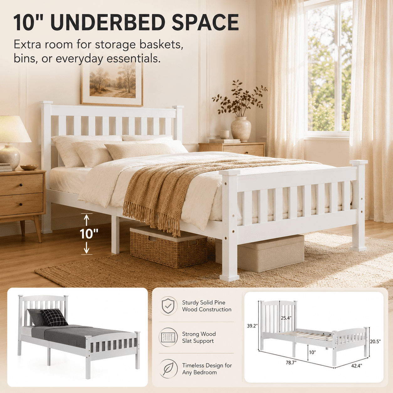 Ktaxon Twin Bed Frame,Solid Pine Wood Twin Platform Bed Frame, Bedroom Twin Bed with Headboard for Adults, White, 78.94"L*42.44"W*39.17"H