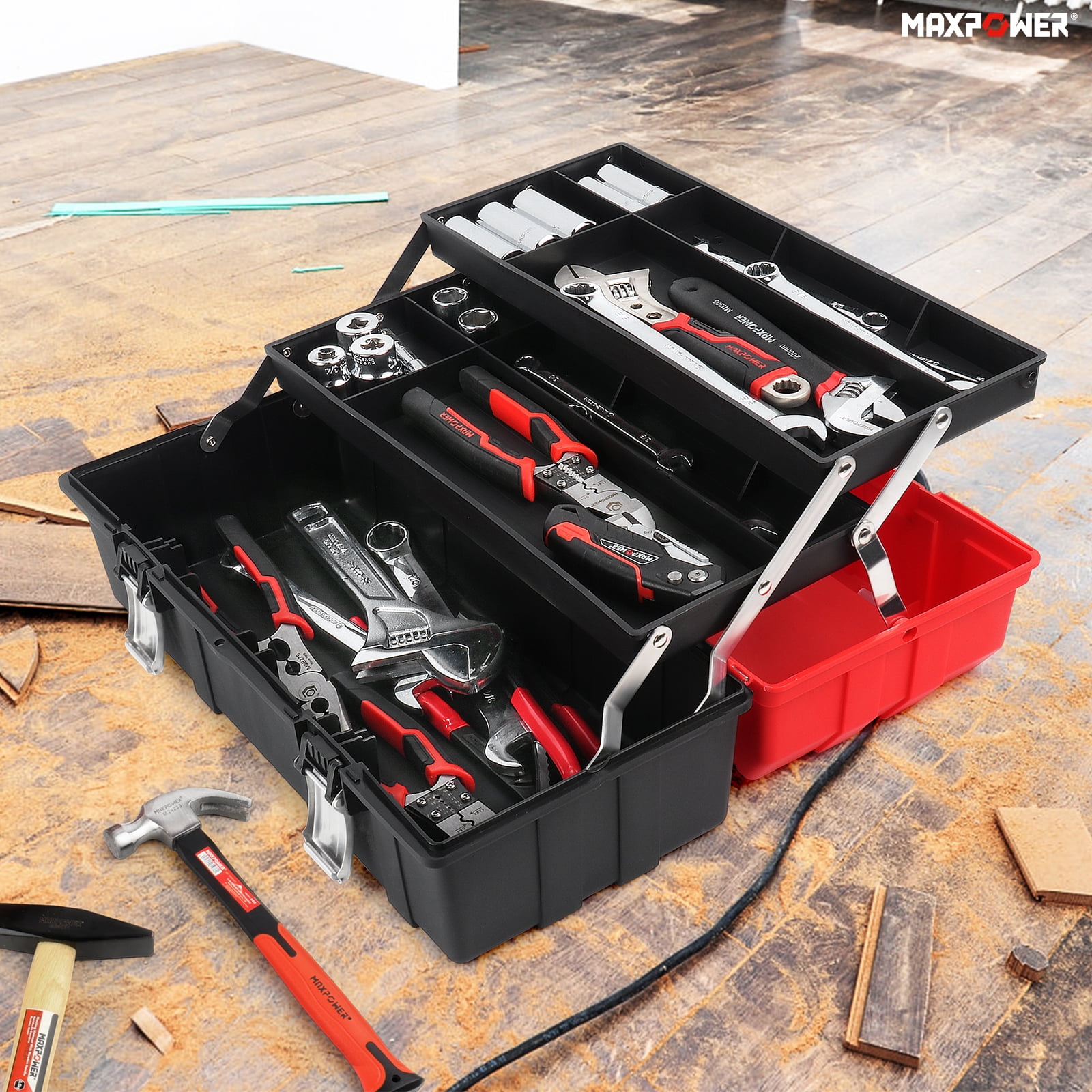 MAXPOWER 16-Inch Tool Box, Three-Layer Folding Plastic Storage Toolbox, Multi-Function Organizer with Tray and Dividers