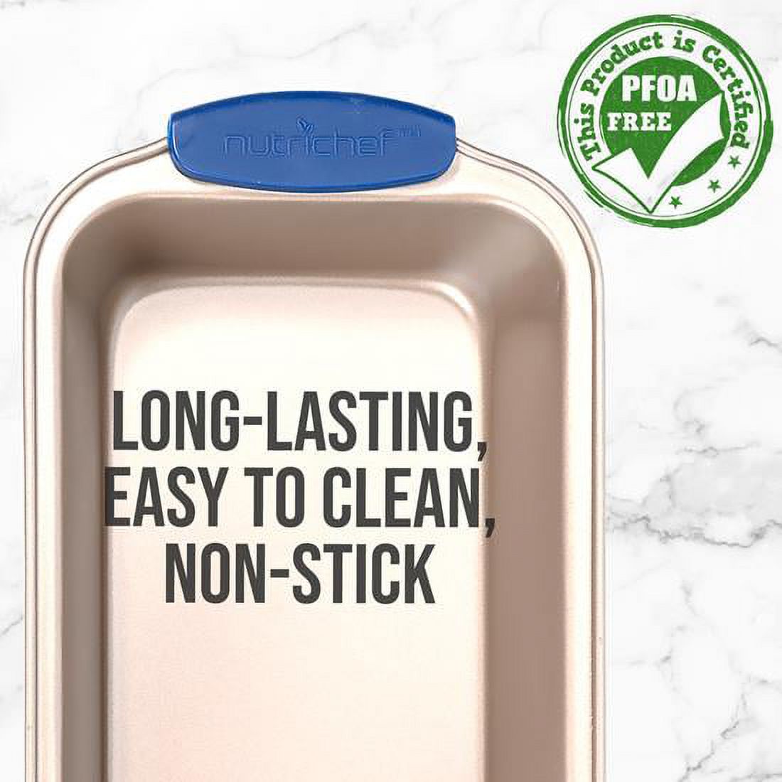 NutriChef Non-Stick Loaf Baking Pan, Deluxe Gold Carbon Steel Pan W/ Blue Silicone Handles, (Gold)
