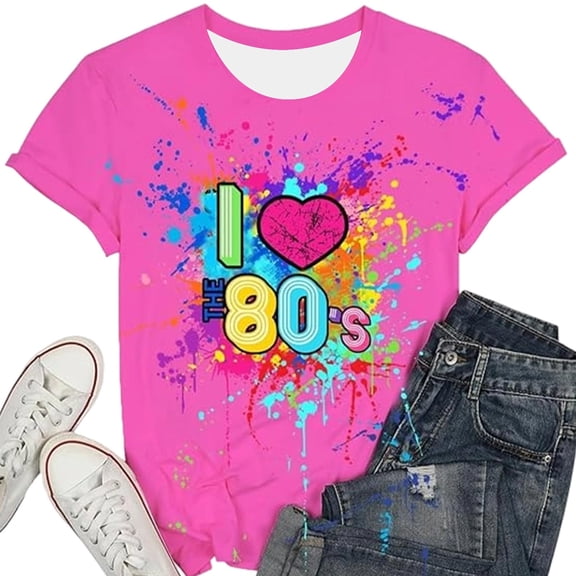 Tops for Women Short Sleeve 80's Print Casual Y2K T Shirts Loose Fit Crew Neck 2026 Fashion Summer Tees