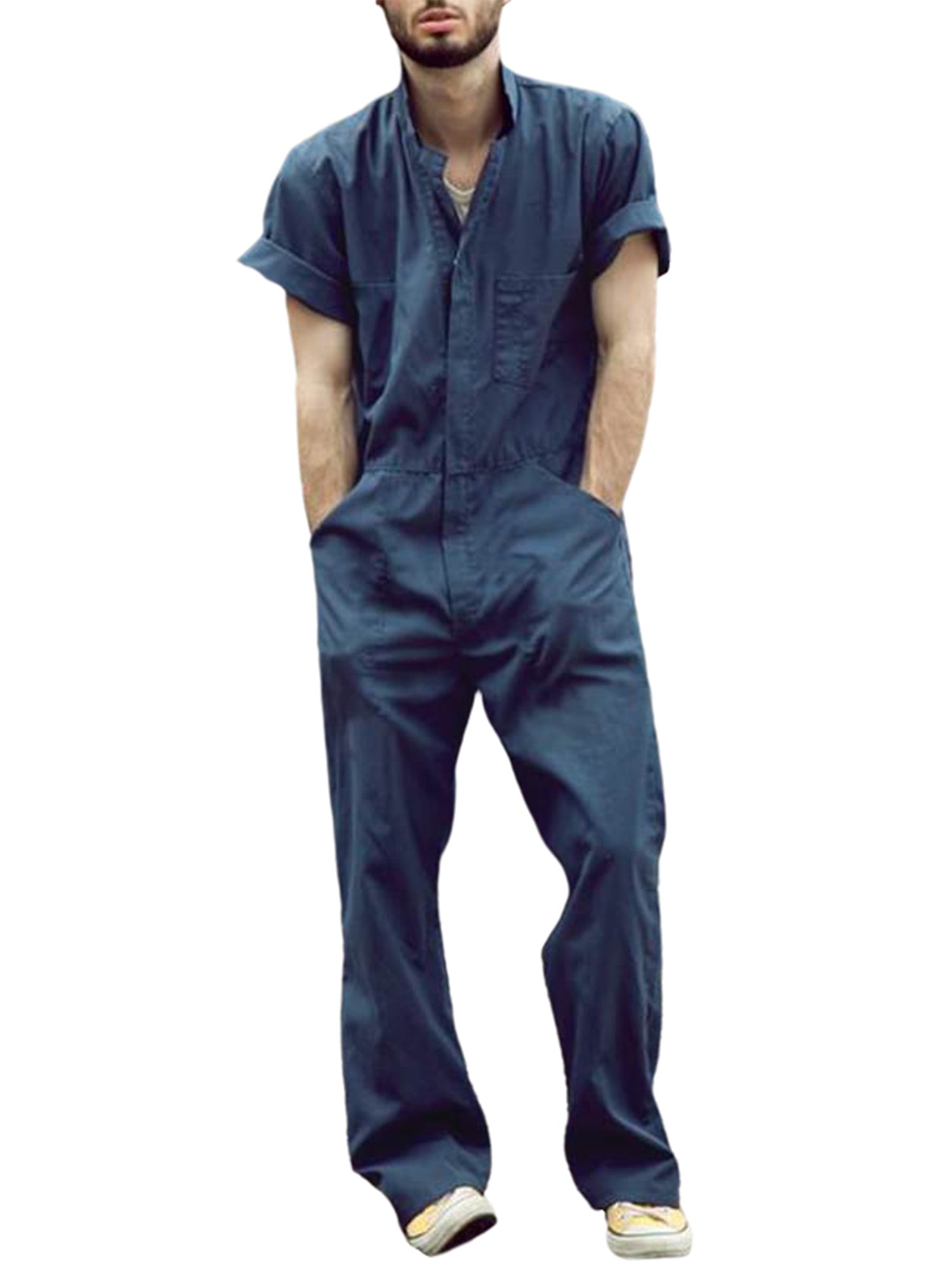 Mens One Piece Rompers Short Sleeve Casual Long Cargo Pants Jumpsuit Overalls 
