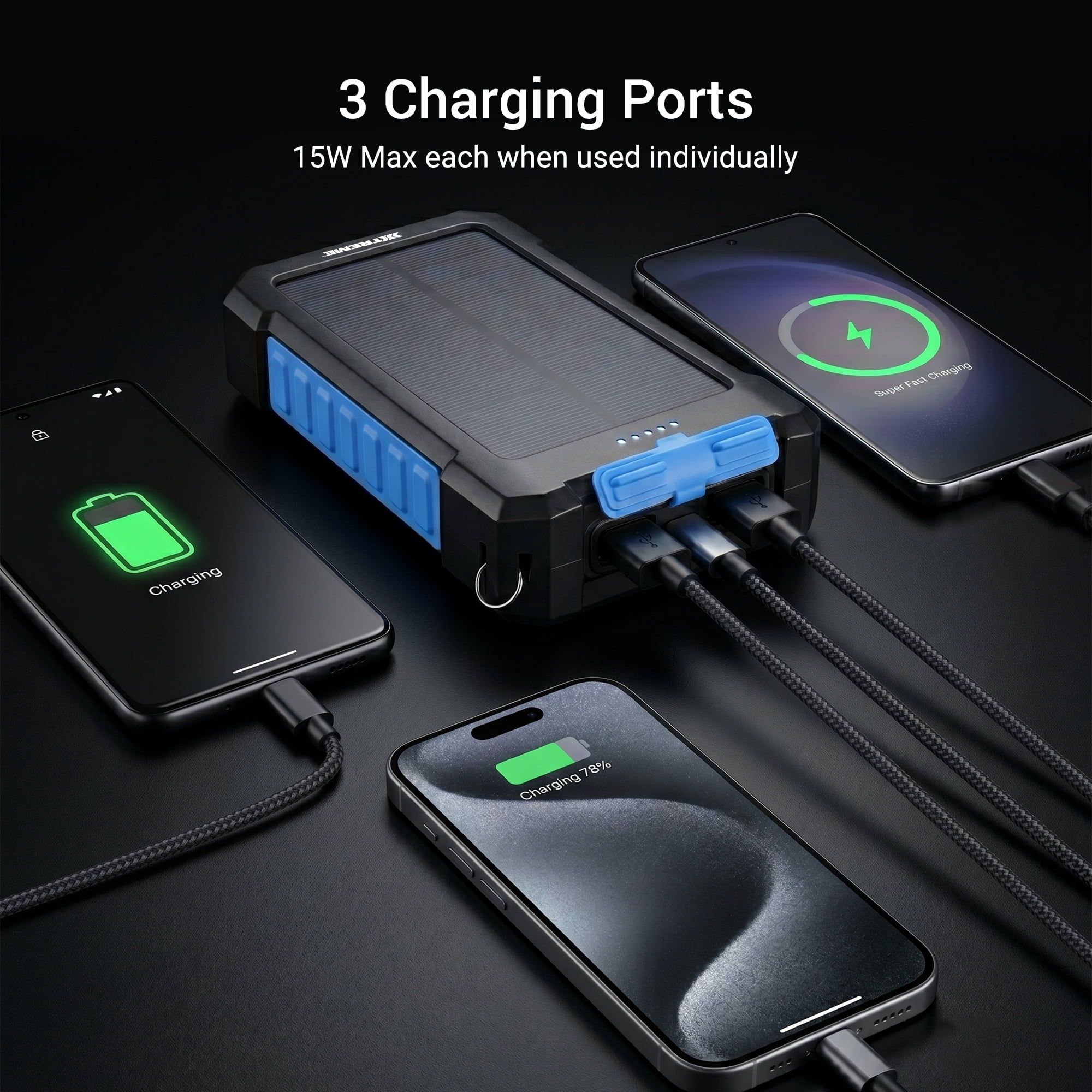 Xtreme Power 20,000mAh Solar Power Bank, 15W Portable Charger with USB-C and 2 USB-A Ports, IP44 Weather-Resistant Battery Pack for Travel and Emergencies, Black