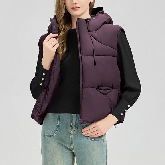 Fanxing Women's Hooded Puffer Vest Winter Zip Up Lightweight Sleeveless Warm Crop Jacket Outerwear Padded Coat with Pocket Purple M