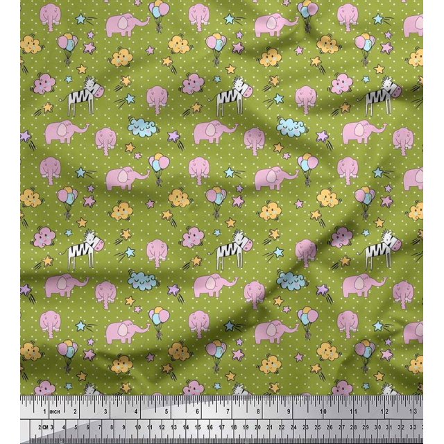 Soimoi Rayon Fabric Cloud,Star & Cute Elephant Kids Decor Fabric Printed Yard 56 Inch Wide