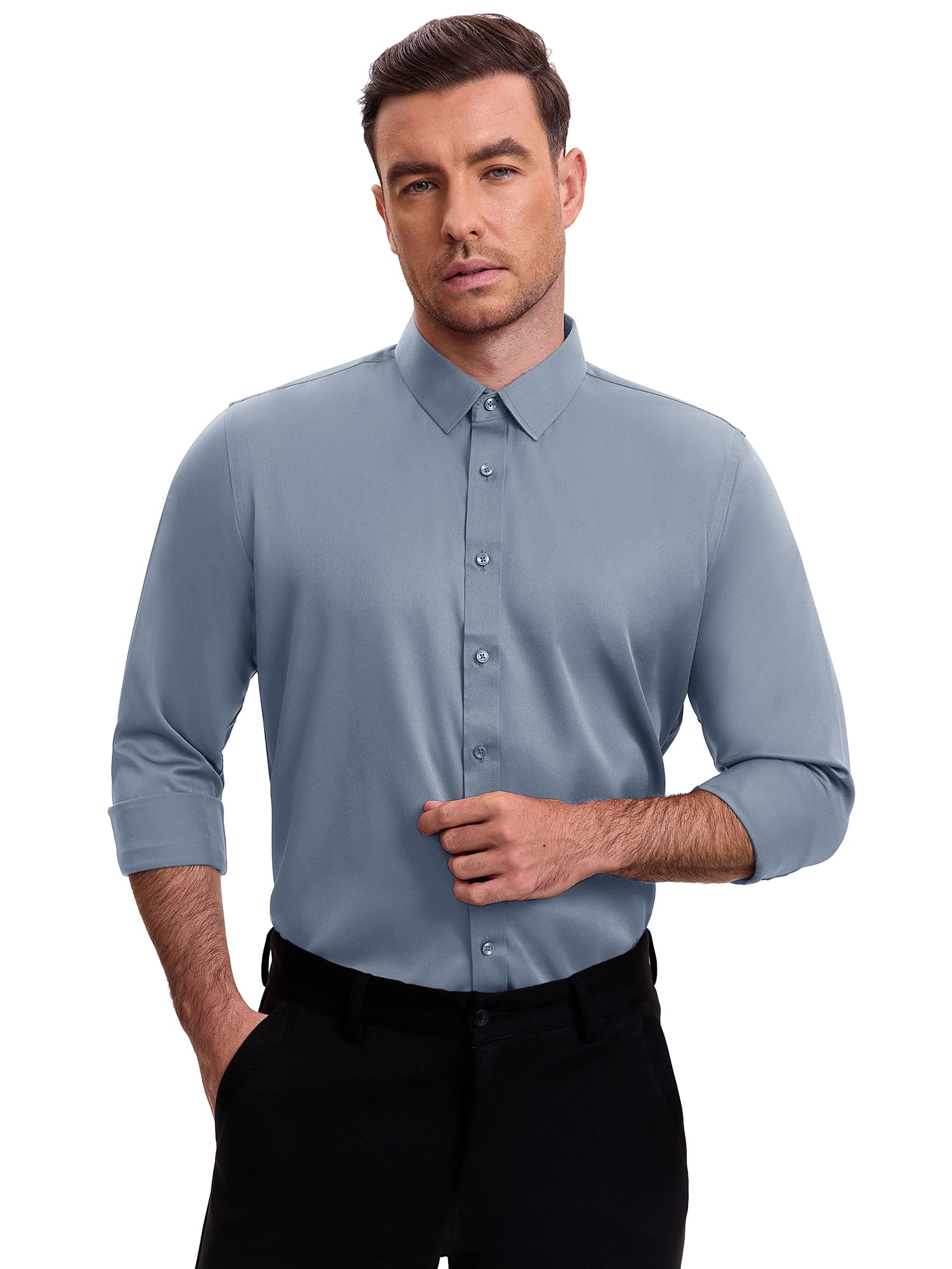 DARING DIVA Men's Point Collar Long Sleeve Button Down Formal Shirts 3XL Gray