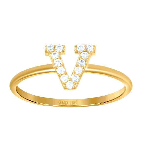 10k Yellow Gold Womens Cubic Zirconia Letter Name Personalized Monogram Initial Alphabet V Ring 1.2mm Wide Ring for Wome