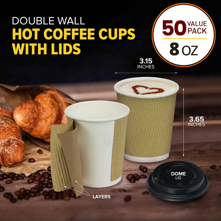 50 Pack] Disposable Hot Cups with Lids - 8 oz Brown Double Wall